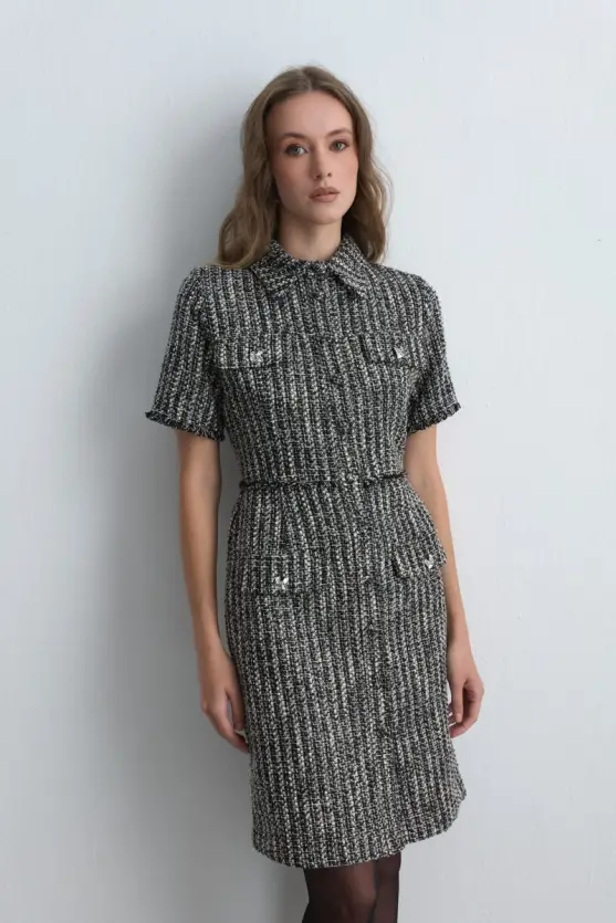 Short Sleeve Fitted Tweed Dress Black - 2
