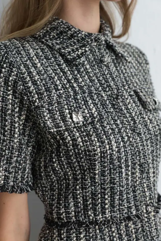 Short Sleeve Fitted Tweed Dress Black - Gusto