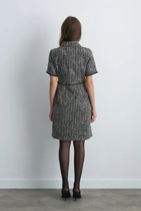 Short Sleeve Fitted Tweed Dress Black - Gusto
