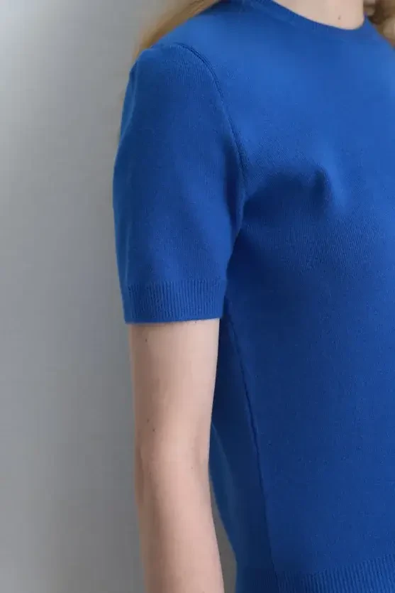 Short Sleeve Knit Blouse - Blue - Gusto