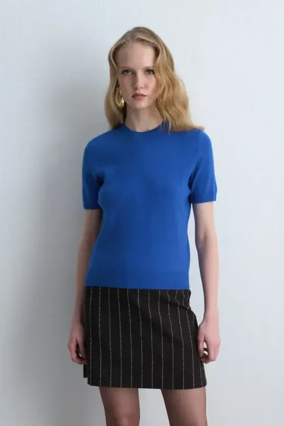 Short Sleeve Knit Blouse - Blue - Gusto