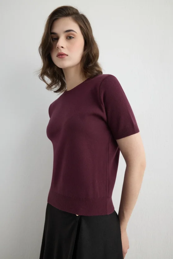 Short Sleeve Knit Blouse - Plum - 3