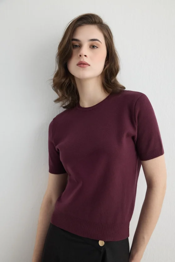 Short Sleeve Knit Blouse Plum - 1