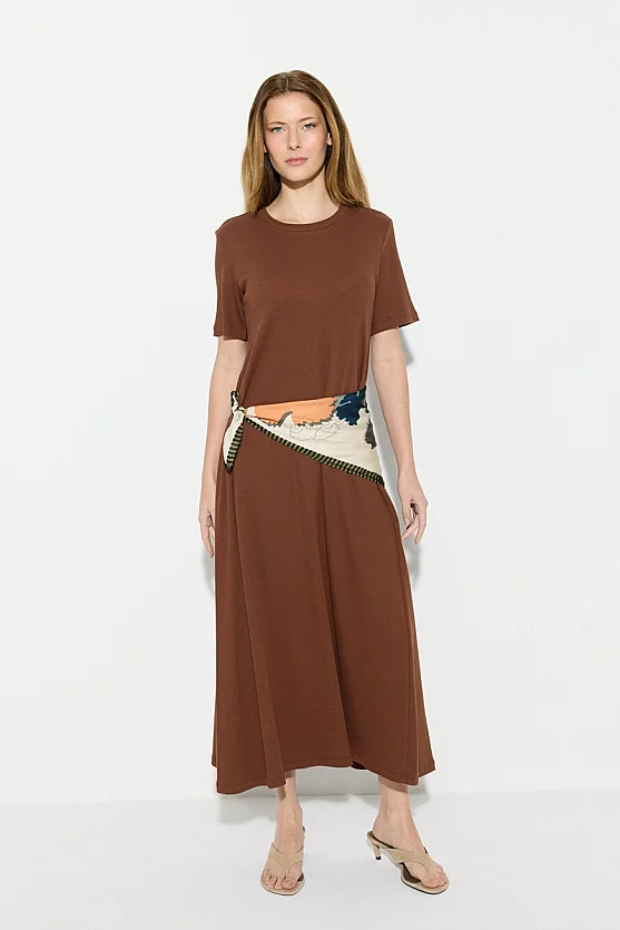 Short Sleeve Knit Long Cotton Dress - Brown - Gusto