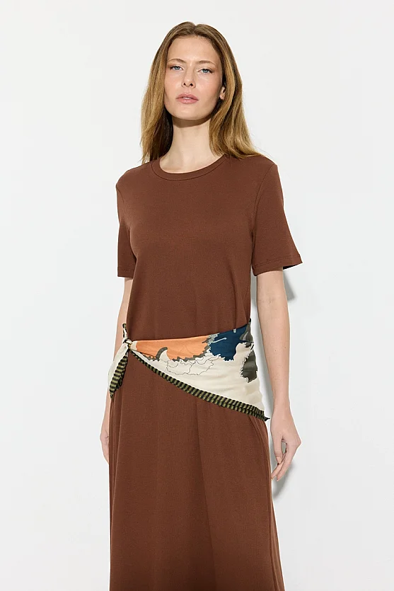 Short Sleeve Knit Long Cotton Dress - Brown - Gusto