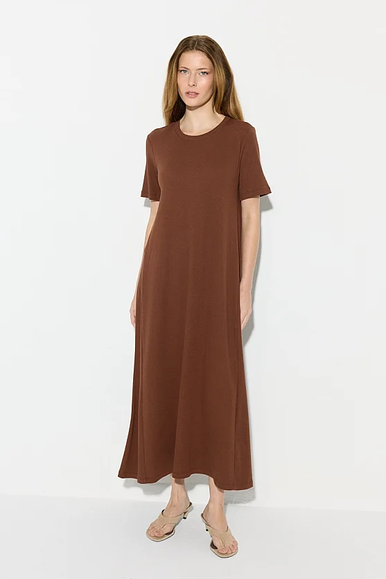 Short Sleeve Knit Long Cotton Dress - Brown - Gusto