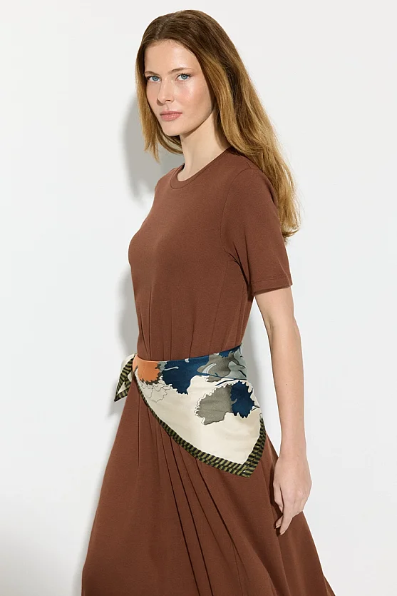 Short Sleeve Knit Long Cotton Dress - Brown - Gusto