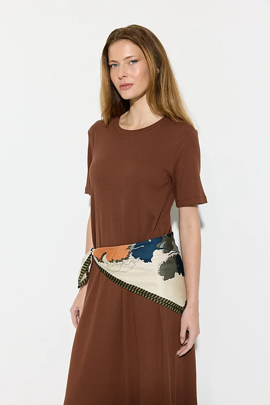 Short Sleeve Knit Long Cotton Dress - Brown - Gusto