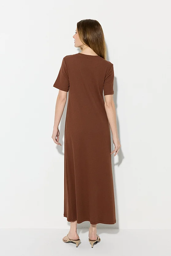 Short Sleeve Knit Long Cotton Dress - Brown - Gusto