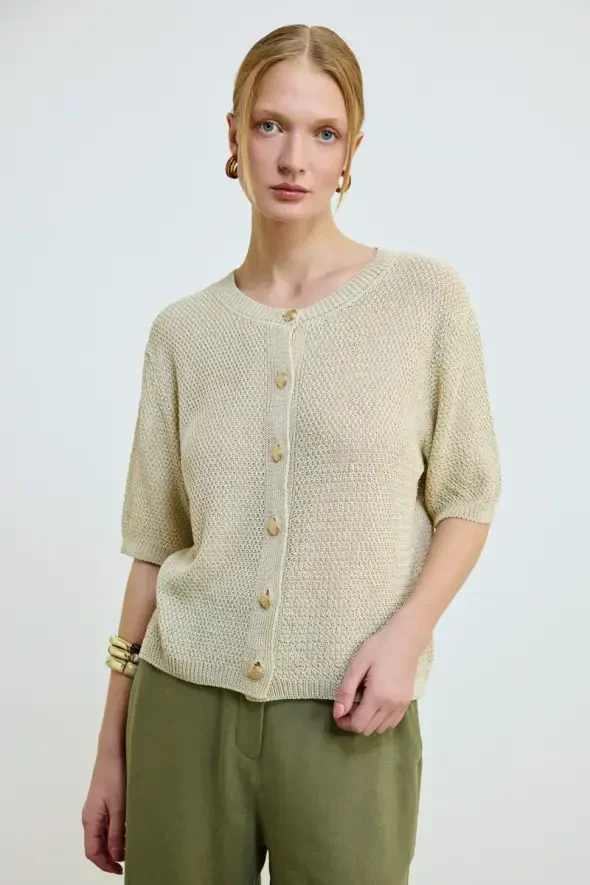 Short Sleeve Knitted Linen Blouse - Stone - 1