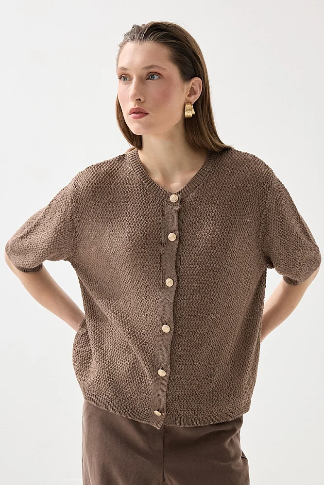 Short Sleeve Knitted Linen Top - Brown