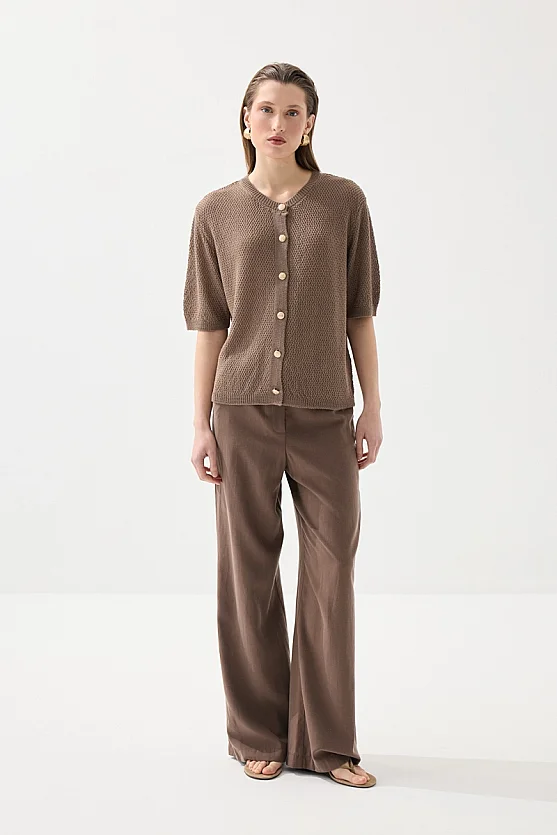 Short Sleeve Knitted Linen Top - Brown - 2