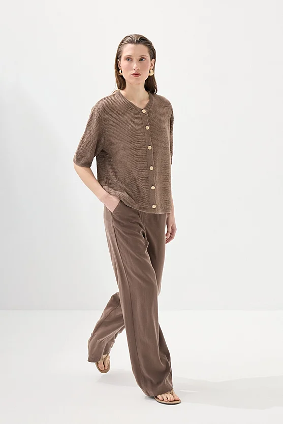 Short Sleeve Knitted Linen Top - Brown - 5