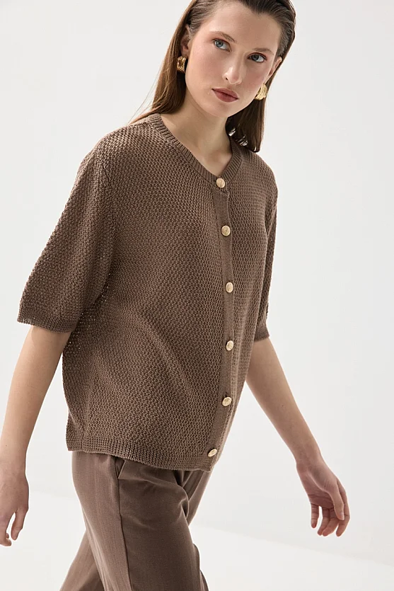 Short Sleeve Knitted Linen Top - Brown - Gusto