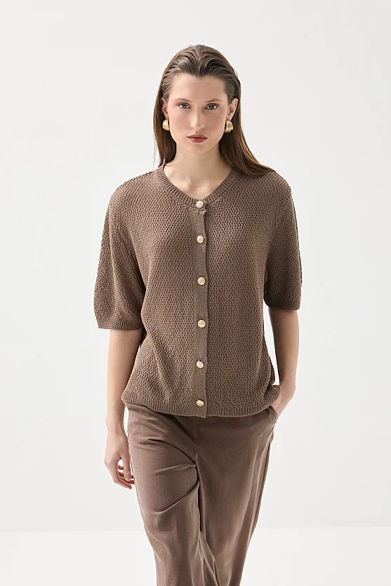 Short Sleeve Knitted Linen Top - Brown - 3