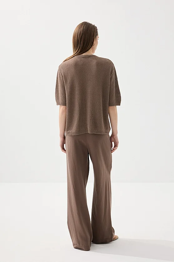 Short Sleeve Knitted Linen Top - Brown - 6