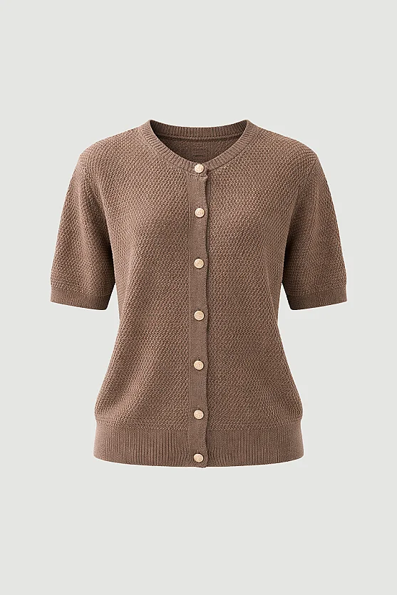 Short Sleeve Knitted Linen Top - Brown - 7