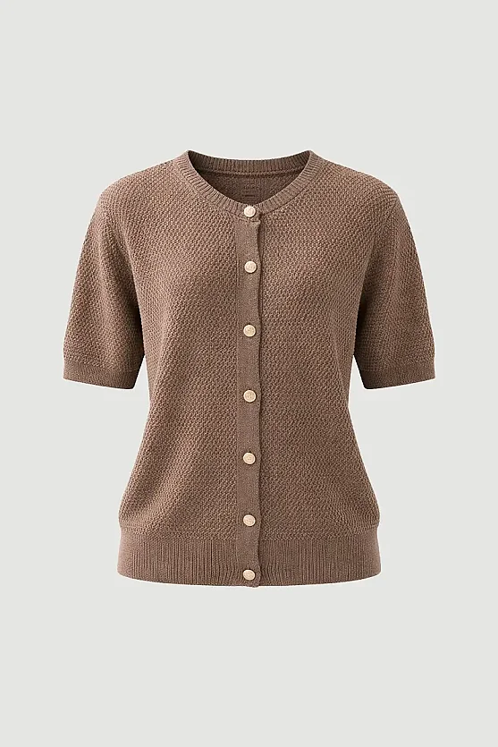 Short Sleeve Knitted Linen Top - Brown - Gusto