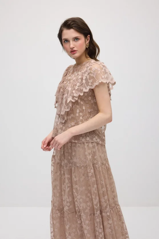 Short-Sleeve Lace Blouse - Beige - 3