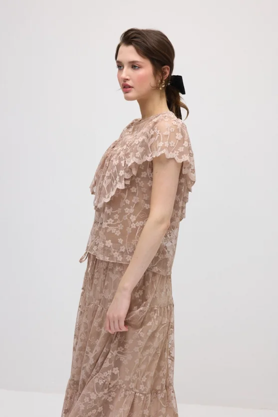 Short-Sleeve Lace Blouse - Beige - 5