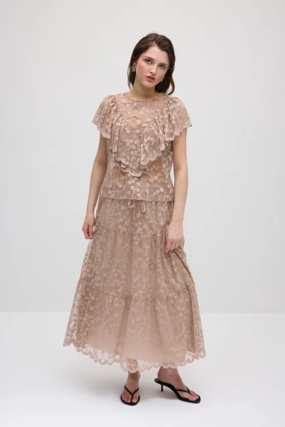 Short-Sleeve Lace Blouse - Beige - Gusto