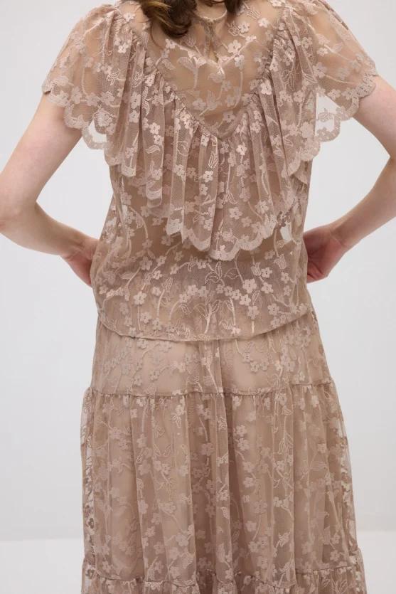 Short-Sleeve Lace Blouse - Beige - 6