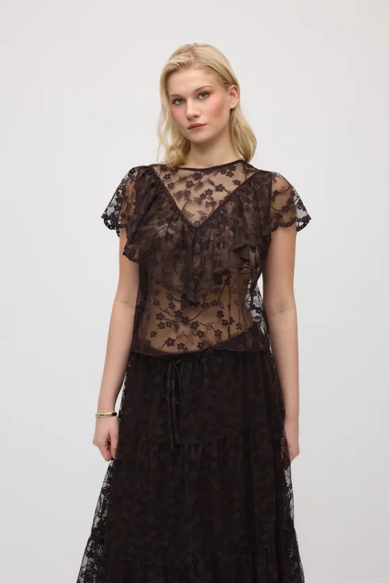 Short-Sleeve Lace Blouse - Brown - 1