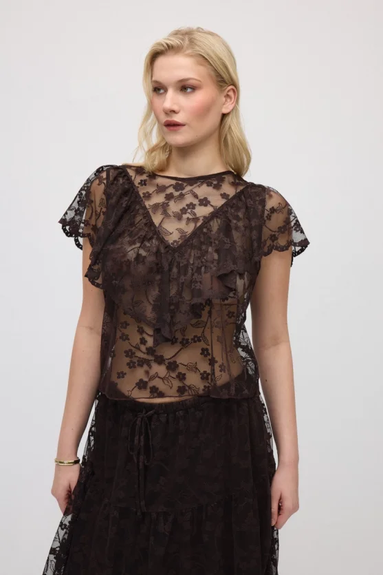 Short-Sleeve Lace Blouse - Brown - 3