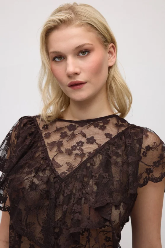 Short-Sleeve Lace Blouse - Brown - 5