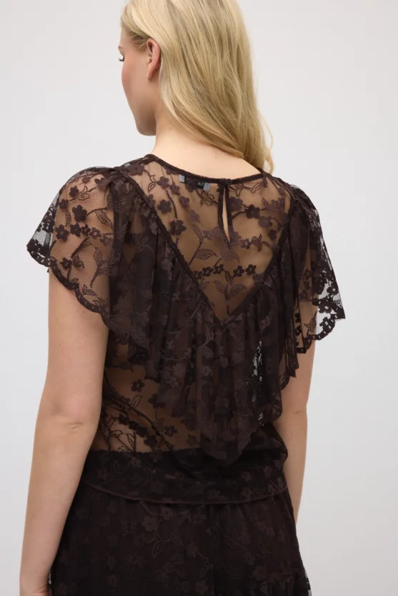 Short-Sleeve Lace Blouse - Brown - 6