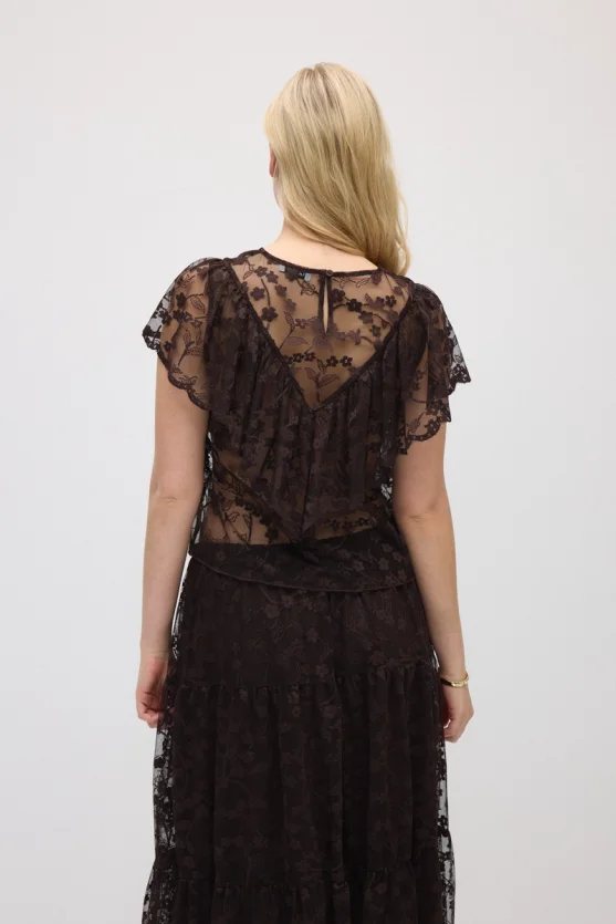 Short-Sleeve Lace Blouse - Brown - 6