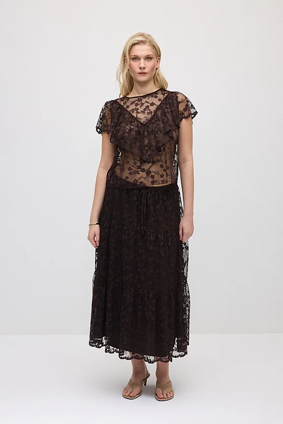Short-Sleeve Lace Blouse - Brown - Gusto