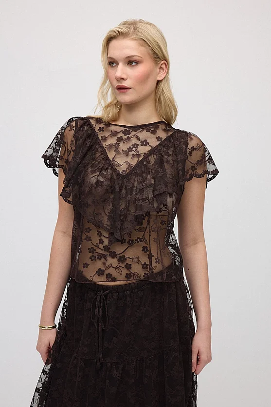 Short-Sleeve Lace Blouse - Brown - Gusto