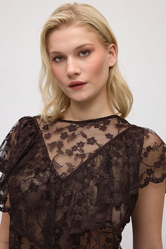 Short-Sleeve Lace Blouse - Brown - 4