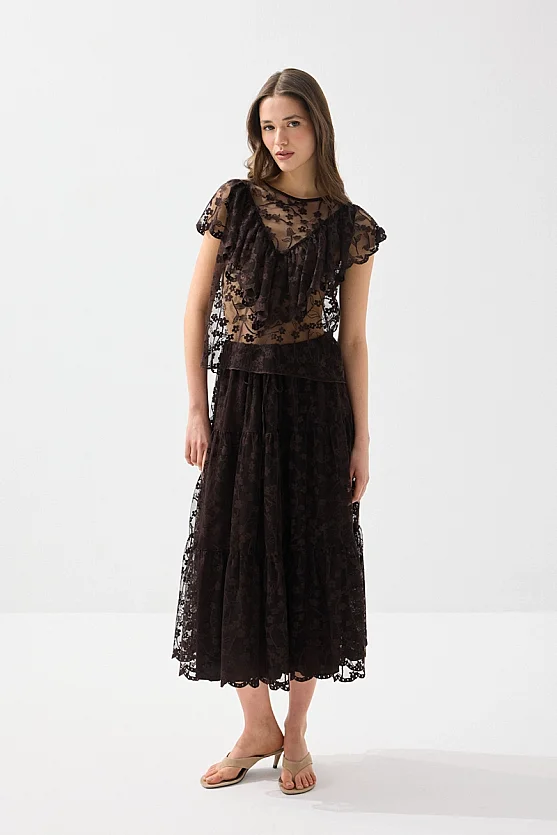 Short-Sleeve Lace Blouse - Brown - 2