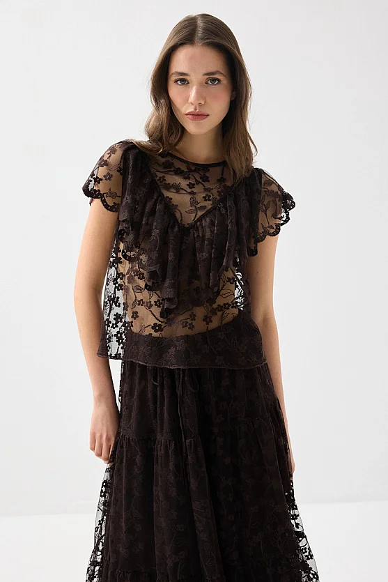 Short-Sleeve Lace Blouse - Brown - 1