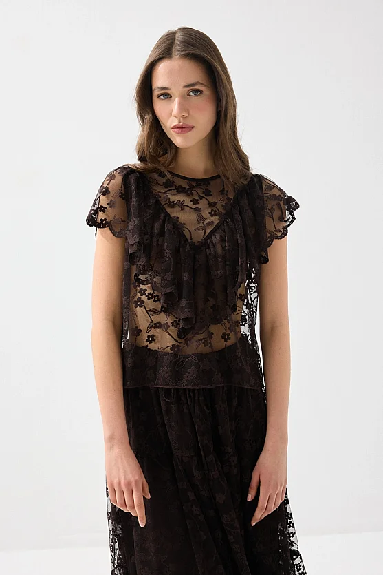 Short-Sleeve Lace Blouse - Brown - 4