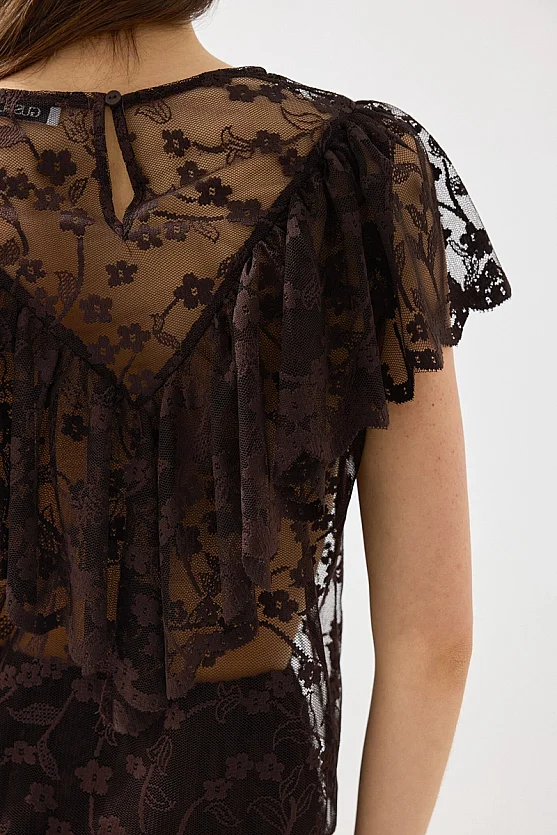 Short-Sleeve Lace Blouse - Brown - 6