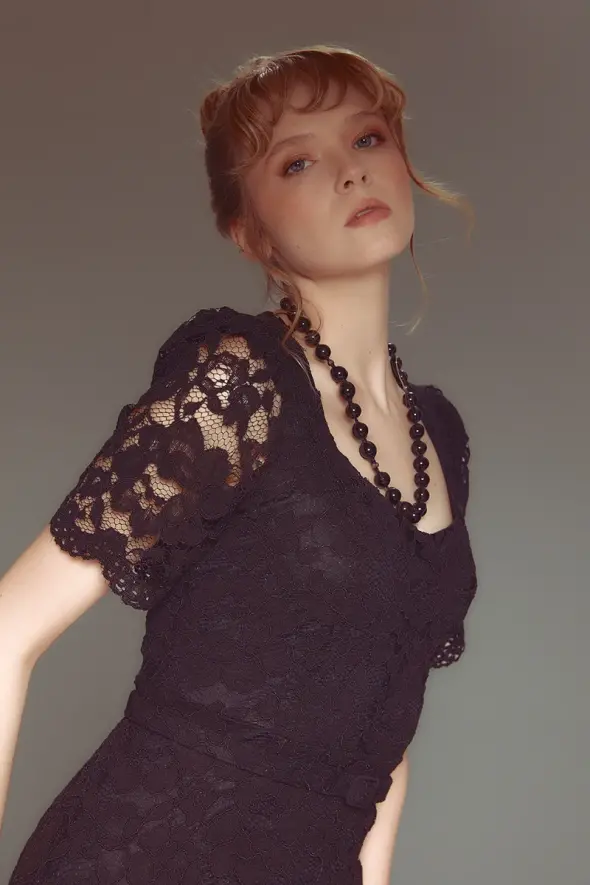 Short Sleeve Lace Dress - Black - 3