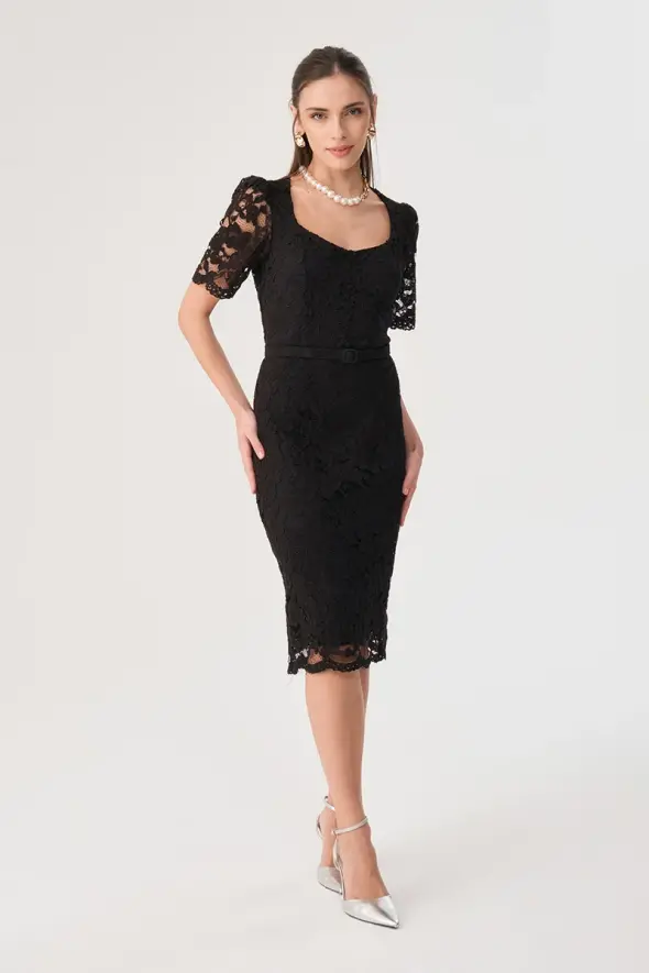 Short Sleeve Lace Dress - Black - 4