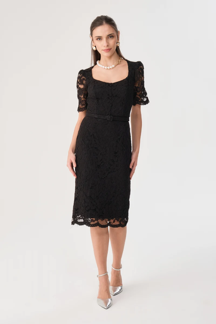 Short Sleeve Lace Dress - Black Black