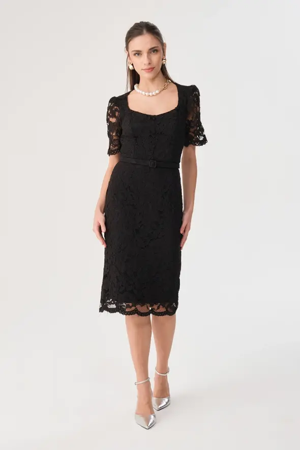 Short Sleeve Lace Dress - Black - 1