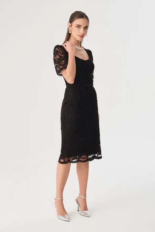 Short Sleeve Lace Dress - Black - 5