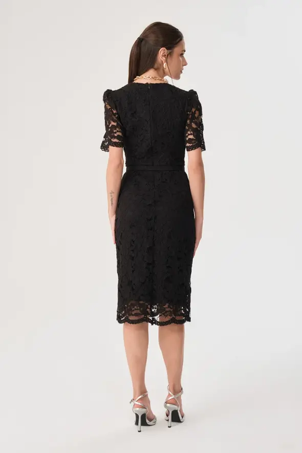 Short Sleeve Lace Dress - Black - 9