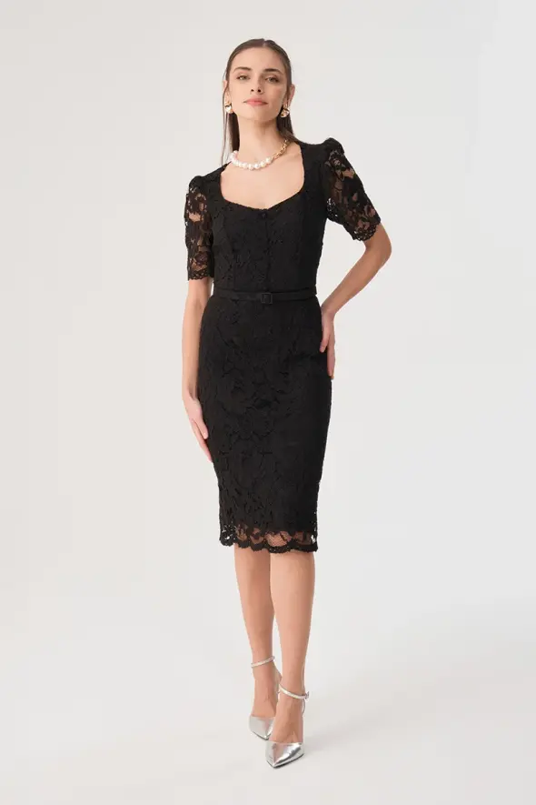 Short Sleeve Lace Dress - Black - 2