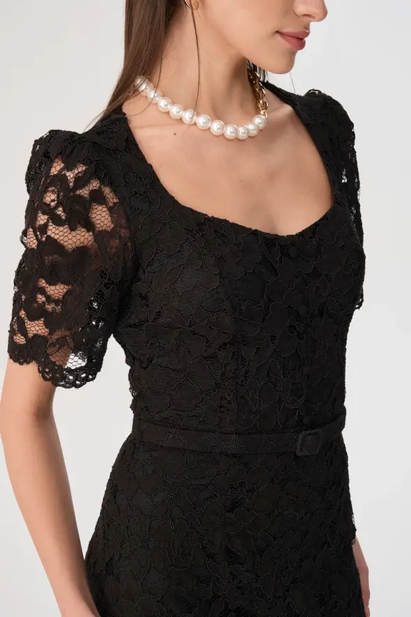 Short Sleeve Lace Dress - Black - 7