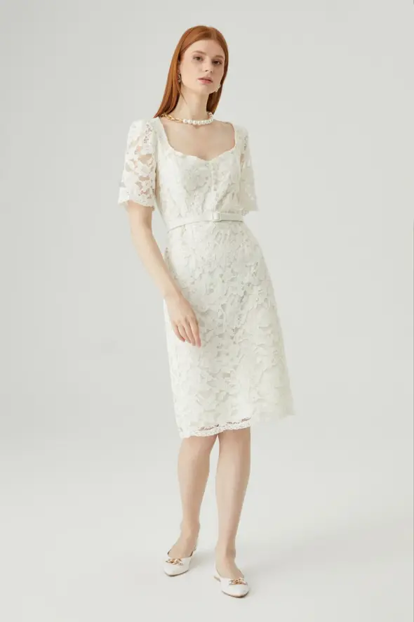 Short Sleeve Lace Dress - White - 2