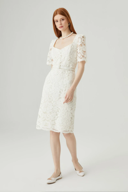 Short Sleeve Lace Dress - White White