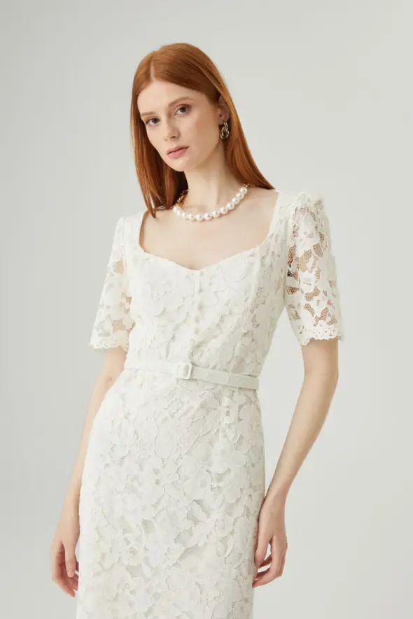 Short Sleeve Lace Dress - White - 3