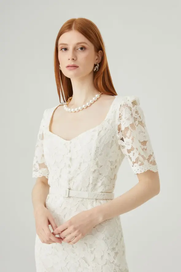 Short Sleeve Lace Dress - White - 4